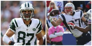 Jets wide receiver Eric Decker (Source: Christian Petersen/Getty Images North America) vs Patriots tight end Rob Gronkowski (Source: Tom Szczerbowski/Getty Images North America)
