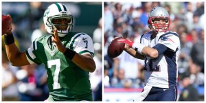 Jets quarterback Geno Smith (Source: Jeff Zelevansky/Getty Images North America) vs Patriots quarterback Tom Brady (Source: Brett Carlsen/Getty Images North America)